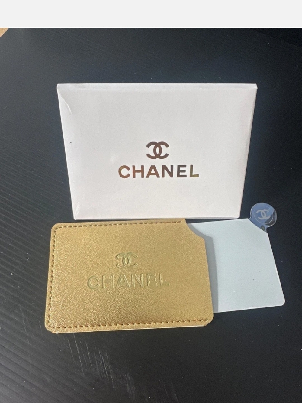 Chanel Shimmering Metalic Gold Mirror and Card Holder Sleeve with Embossed Logo